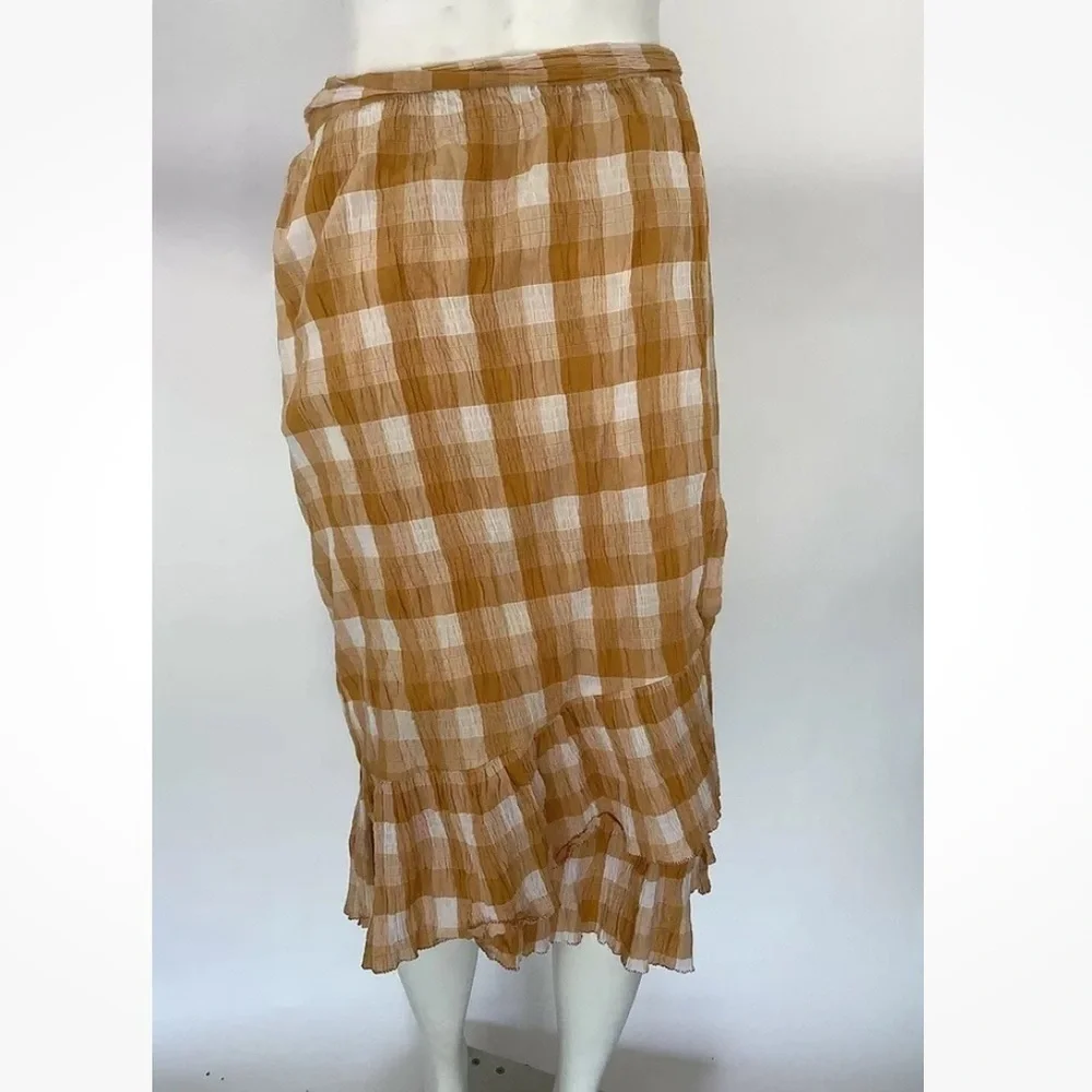 Anthropologie Sz S Orange Plaid Wrap Midi Skirt Ruffle Trim Casual Style
